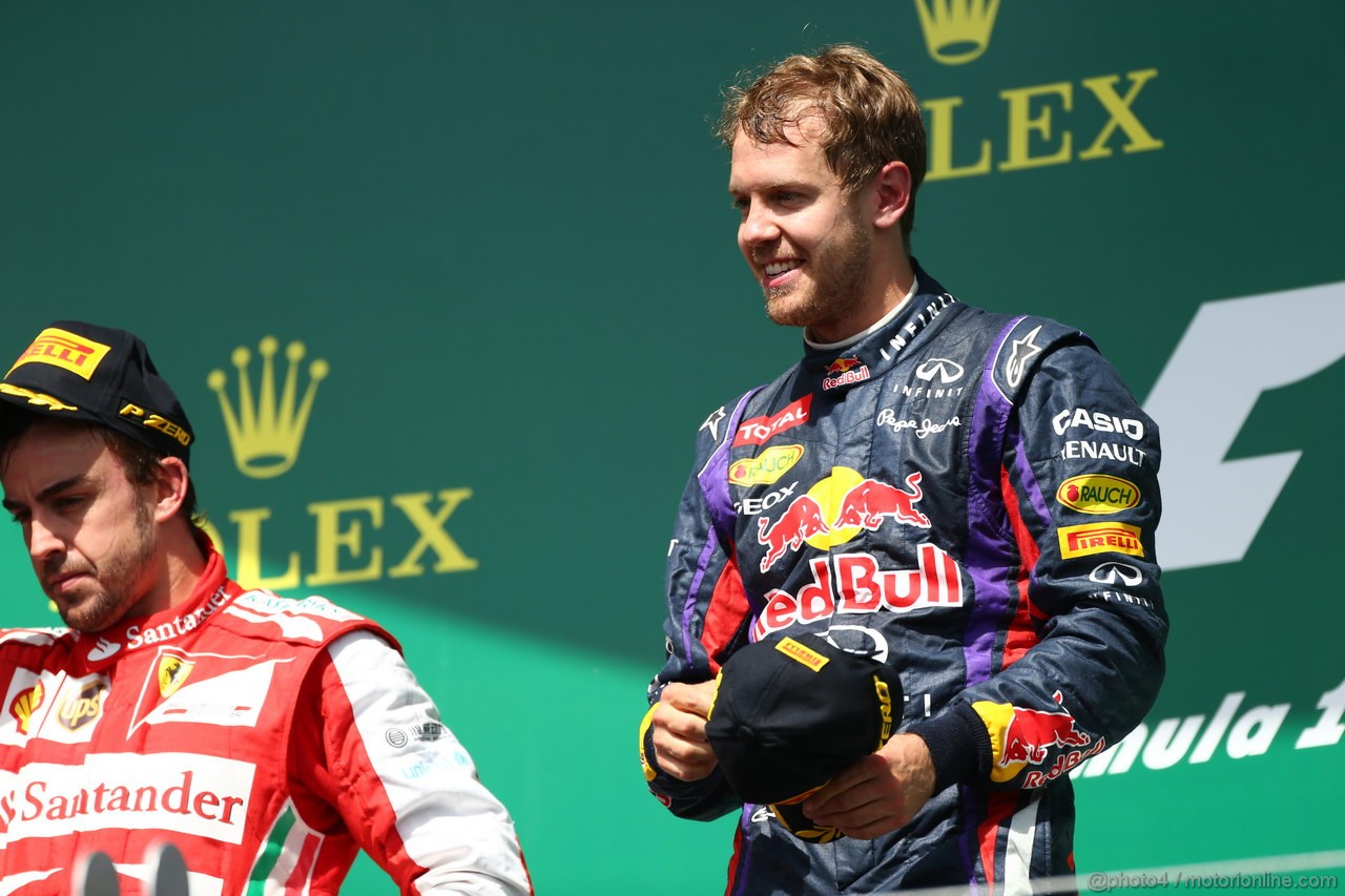 GP CANADA, 09.06.2013-  Podium: winner Sebastian Vettel (GER) Red Bull Racing RB9, 2nd Fernando Alonso (ESP) Ferrari F138, 3rd Lewis Hamilton (GBR) Mercedes AMG F1 W04