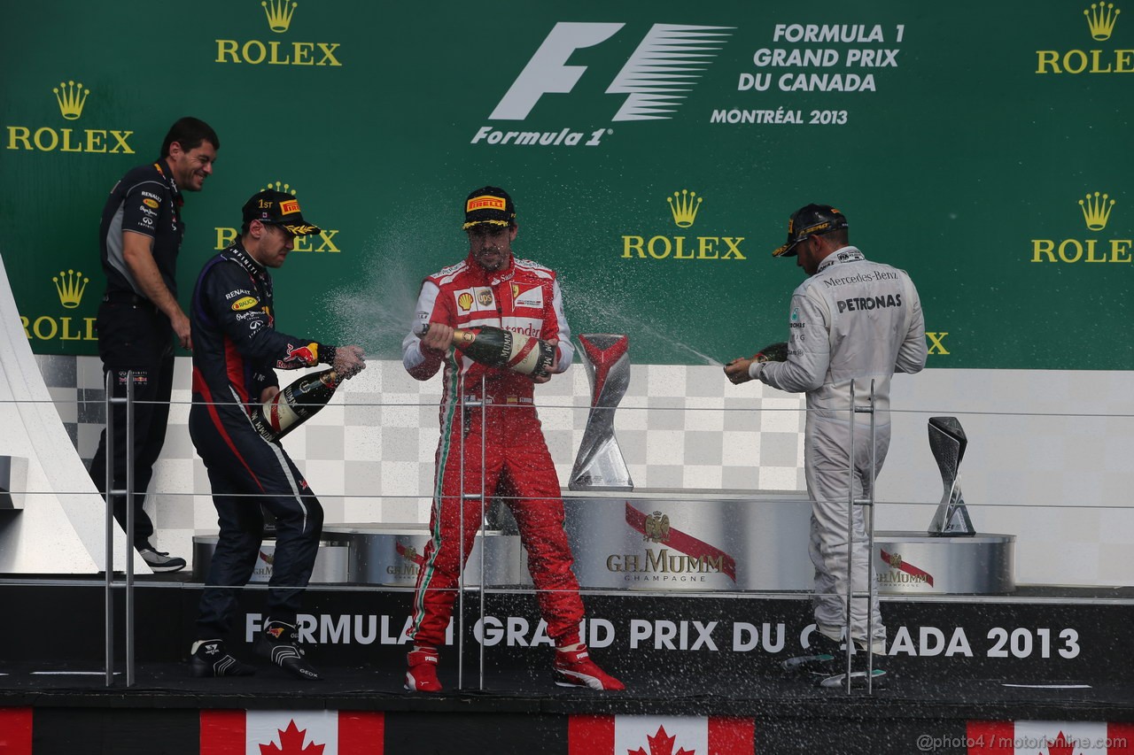 GP CANADA, 09.06.2013-  Podium: winner Sebastian Vettel (GER) Red Bull Racing RB9, 2nd Fernando Alonso (ESP) Ferrari F138, 3rd Lewis Hamilton (GBR) Mercedes AMG F1 W04