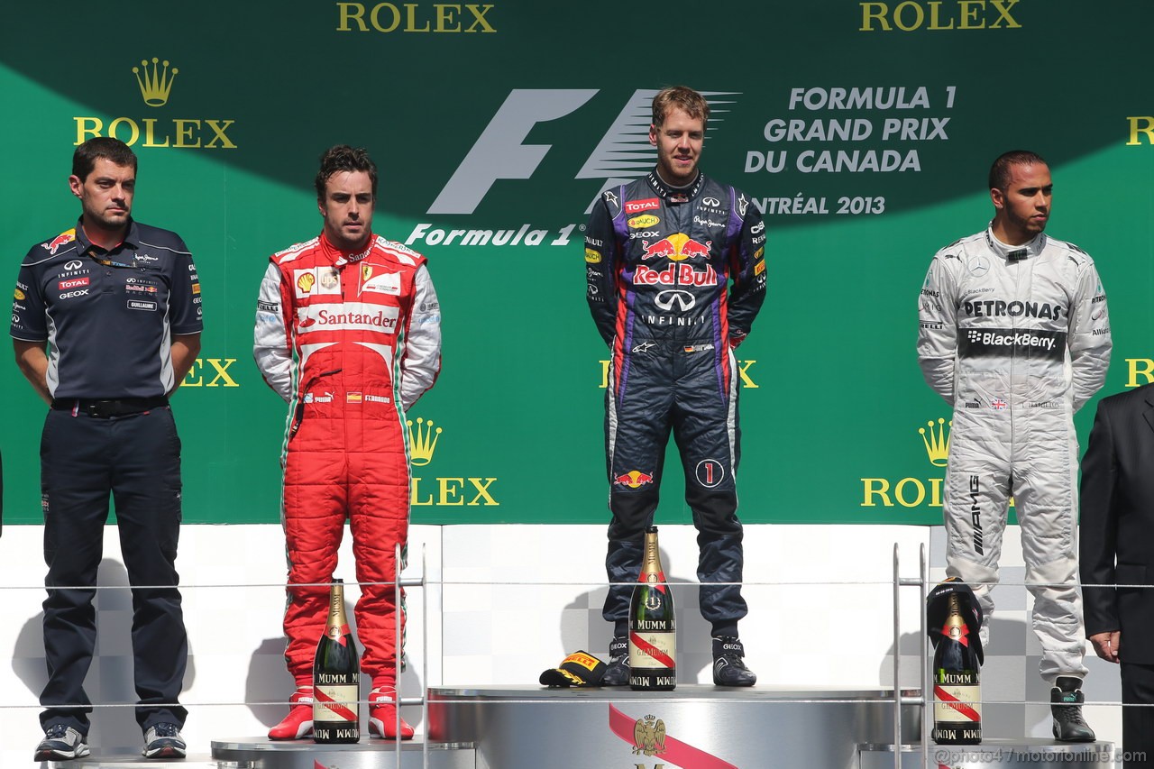 GP CANADA, 09.06.2013-  Podium: winner Sebastian Vettel (GER) Red Bull Racing RB9, 2nd Fernando Alonso (ESP) Ferrari F138, 3rd Lewis Hamilton (GBR) Mercedes AMG F1 W04