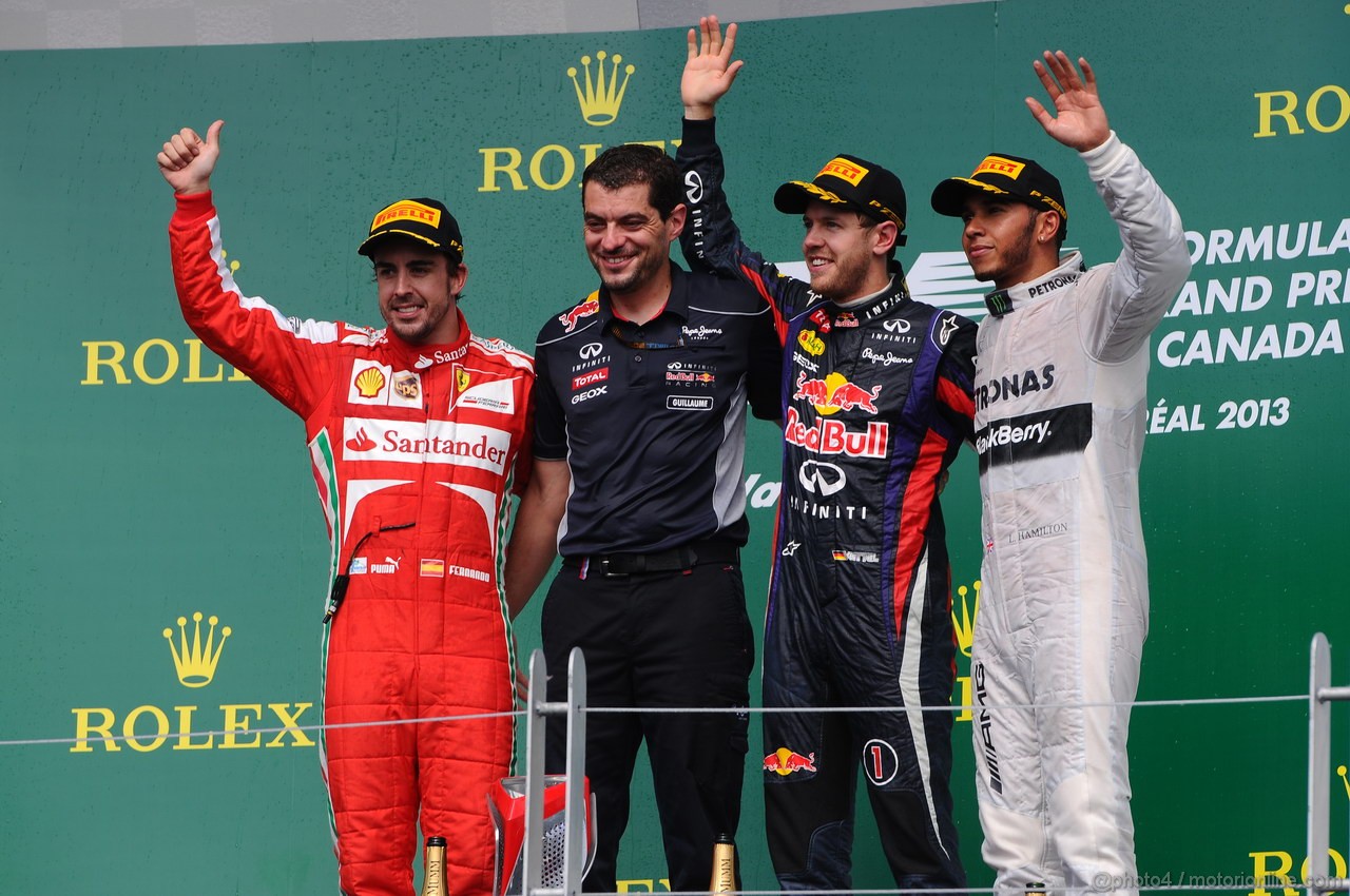 GP CANADA, 09.06.2013-  Podium: winner Sebastian Vettel (GER) Red Bull Racing RB9, 2nd Fernando Alonso (ESP) Ferrari F138, 3rd Lewis Hamilton (GBR) Mercedes AMG F1 W04