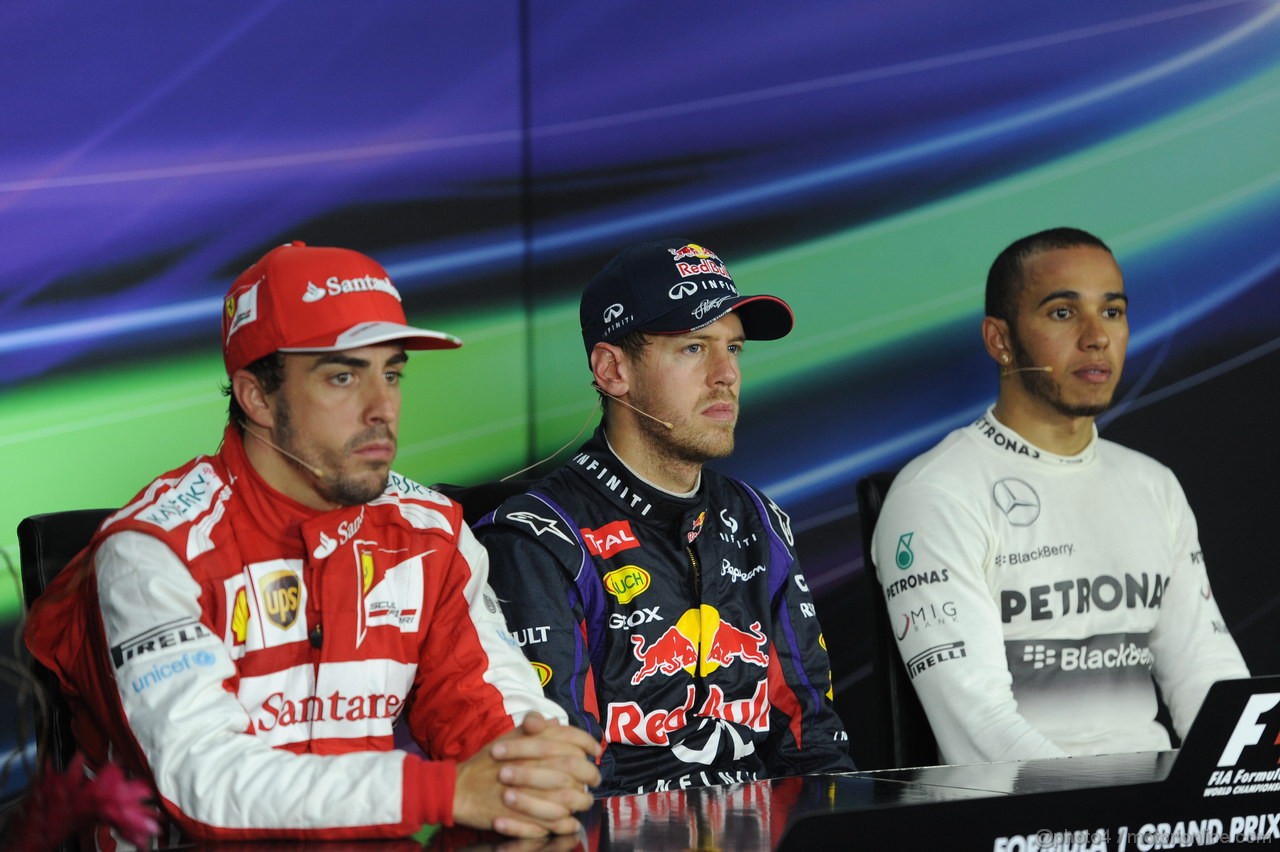 GP CANADA, 09.06.2013- Gara Press Conference, winner Sebastian Vettel (GER) Red Bull Racing RB9, 2nd Fernando Alonso (ESP) Ferrari F138 e 3rd Lewis Hamilton (GBR) Mercedes AMG F1 W04