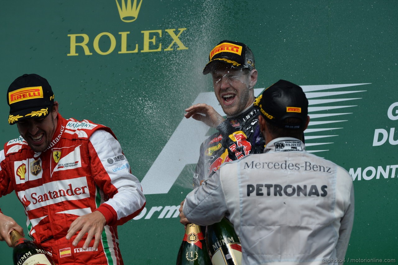 GP CANADA, 09.06.2013- The Podium, winner Sebastian Vettel (GER) Red Bull Racing RB9, 2nd Fernando Alonso (ESP) Ferrari F138 e 3rd Lewis Hamilton (GBR) Mercedes AMG F1 W04