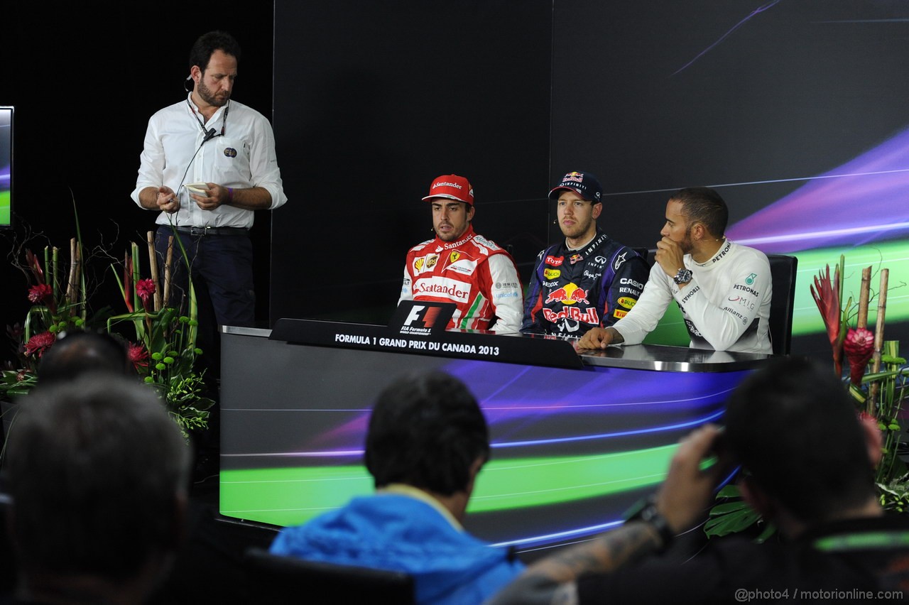 GP CANADA, 09.06.2013- Gara Press Conference, winner Sebastian Vettel (GER) Red Bull Racing RB9, 2nd Fernando Alonso (ESP) Ferrari F138 e 3rd Lewis Hamilton (GBR) Mercedes AMG F1 W04