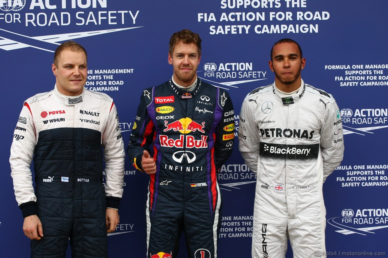 GP CANADA, 08.06.2013- Qualifiche: celebration Pole Position Sebastian Vettel (GER) Red Bull Racing RB9, 2nd Lewis Hamilton (GBR) Mercedes AMG F1 W04, 3rd Valtteri Bottas (FIN), Williams F1 Team FW35