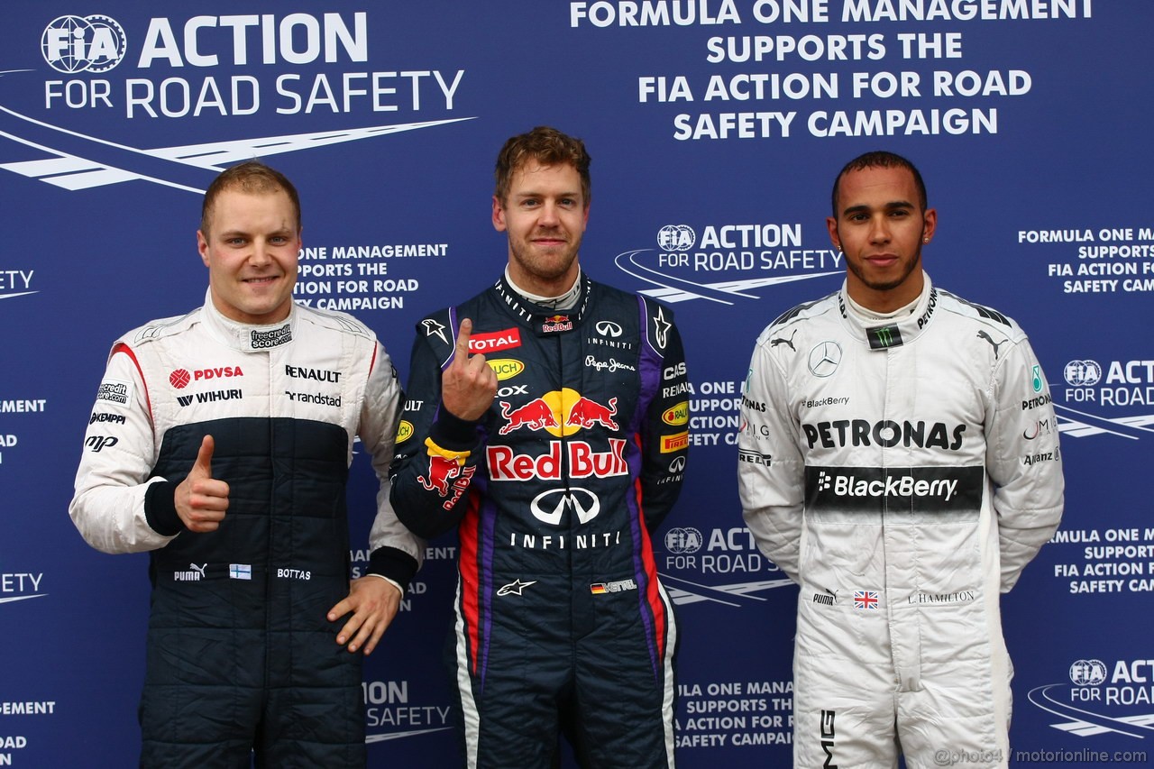 GP CANADA, 08.06.2013- Qualifiche Festeggiamenti: Pole position Sebastian Vettel (GER) Red Bull Racing RB9, 2nd Lewis Hamilton (GBR) Mercedes AMG F1 W04, 3rd Valtteri Bottas (FIN), Williams F1 Team FW35