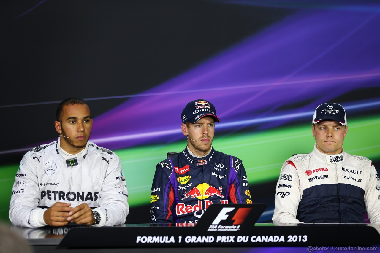 GP CANADA, 08.06.2013- Qualifiche Press Conference, Pole: Sebastian Vettel (GER) Red Bull Racing RB9, 2nd Lewis Hamilton (GBR) Mercedes AMG F1 W04, 3rd Valtteri Bottas (FIN), Williams F1 Team FW35 