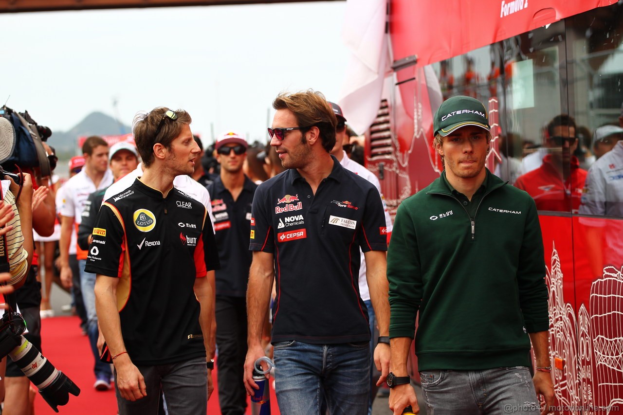 GP COREA, 06.10.2013- Driver parade, L to R Romain Grosjean (FRA) Lotus F1 Team E213, Jean-Eric Vergne (FRA) Scuderia Toro Rosso STR8, Charles Pic (FRA) Caterham F1 Team CT03