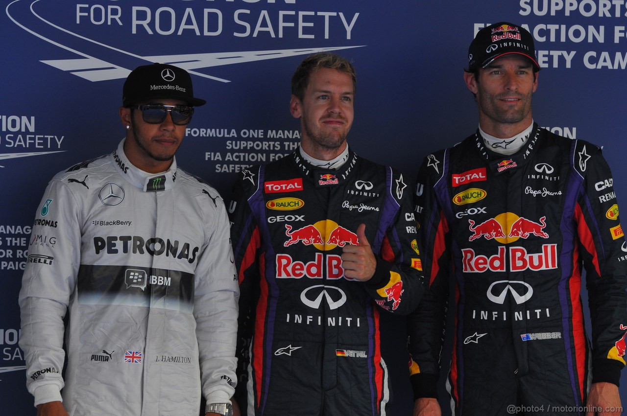 GP COREA, 05.10.2013- Qualifiche Festeggiamenti pole Posotion Sebastian Vettel (GER) Red Bull Racing RB9, 2nd Lewis Hamilton (GBR) Mercedes AMG F1 W04, 3rd Mark Webber (AUS) Red Bull Racing RB9