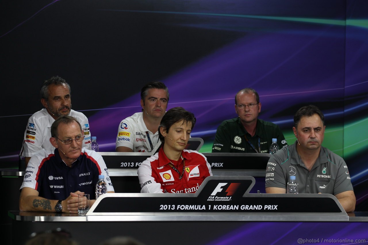 GP COREA, 04.10.2013- Venerdi' Press Conference, Top to Bottom L to R Beat Zehnder (SUI) Sauber F1 Team Manager; Andy Stevenson (GBR) Sahara Force India F1 Team Manager; Graham Watson (GBR) Caterham F1 Team Manager; Dickie Standford (GBR) Williams Team Manager; Massimo Rivola (ITA) Ferrari Sporting Director; Ron Meadows (GBR) Mercedes GP Team Manager