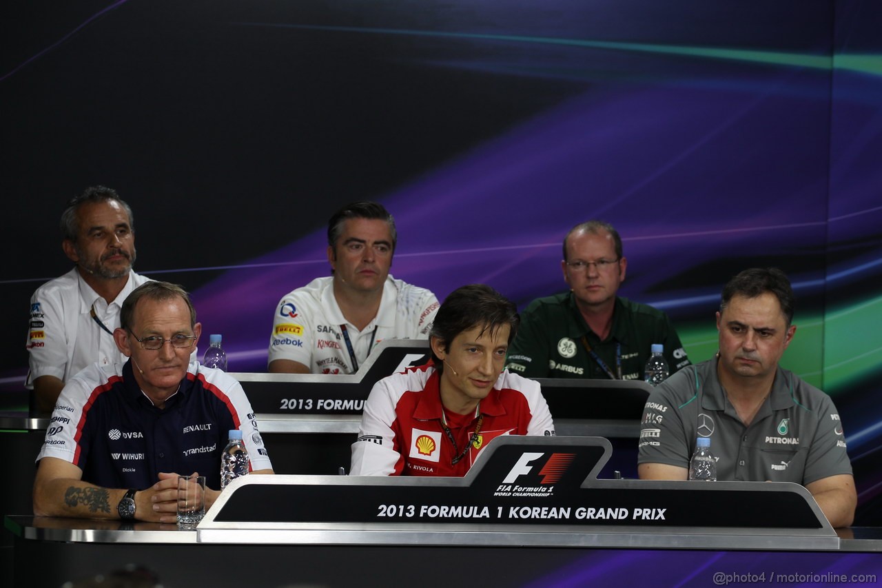 GP COREA, 04.10.2013- Venerdi' Press Conference, Top to Bottom L to R Beat Zehnder (SUI) Sauber F1 Team Manager; Andy Stevenson (GBR) Sahara Force India F1 Team Manager; Graham Watson (GBR) Caterham F1 Team Manager; Dickie Standford (GBR) Williams Team Manager; Massimo Rivola (ITA) Ferrari Sporting Director; Ron Meadows (GBR) Mercedes GP Team Manager