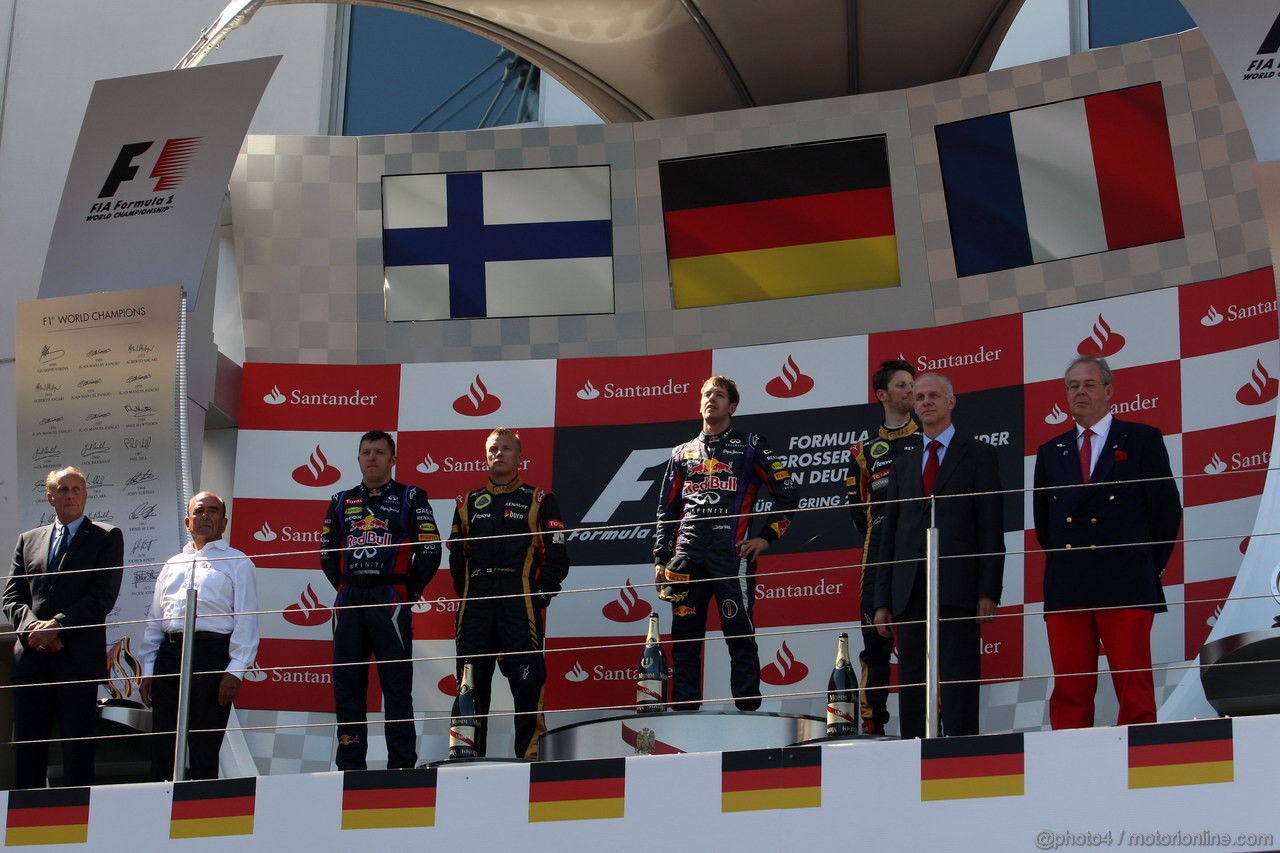 GP GERMANIA, 07.07.2013-  Gara, Sebastian Vettel (GER) Red Bull Racing RB9 vincitore, secondo Kimi Raikkonen (FIN) Lotus F1 Team E21 e terzo Romain Grosjean (FRA) Lotus F1 Team E21