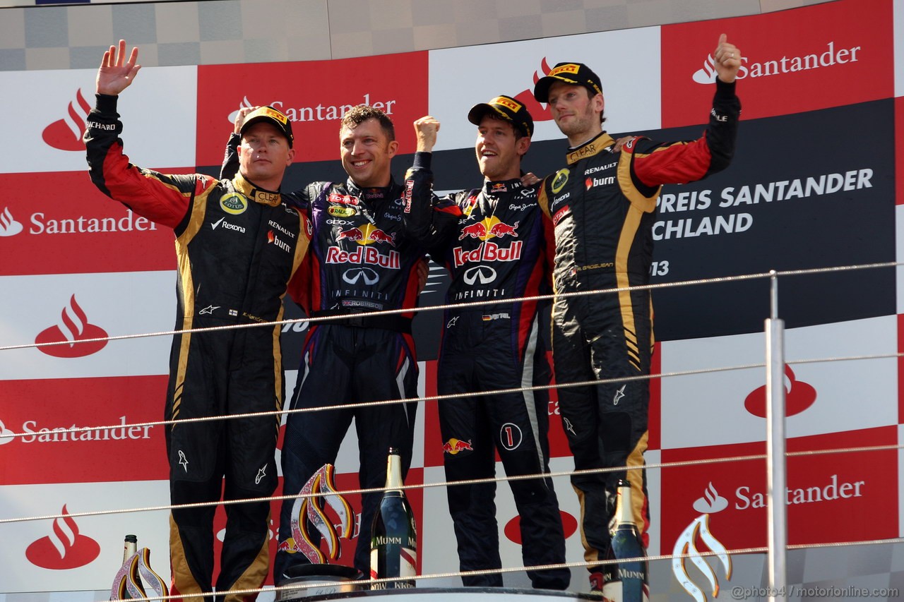 GP GERMANIA, 07.07.2013-  Gara, Sebastian Vettel (GER) Red Bull Racing RB9 vincitore, secondo Kimi Raikkonen (FIN) Lotus F1 Team E21 e terzo Romain Grosjean (FRA) Lotus F1 Team E21