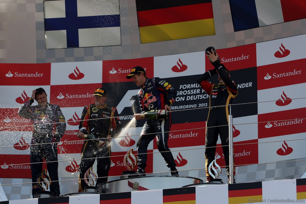GP GERMANIA, 07.07.2013-  Gara, Sebastian Vettel (GER) Red Bull Racing RB9 vincitore, secondo Kimi Raikkonen (FIN) Lotus F1 Team E21 e terzo Romain Grosjean (FRA) Lotus F1 Team E21