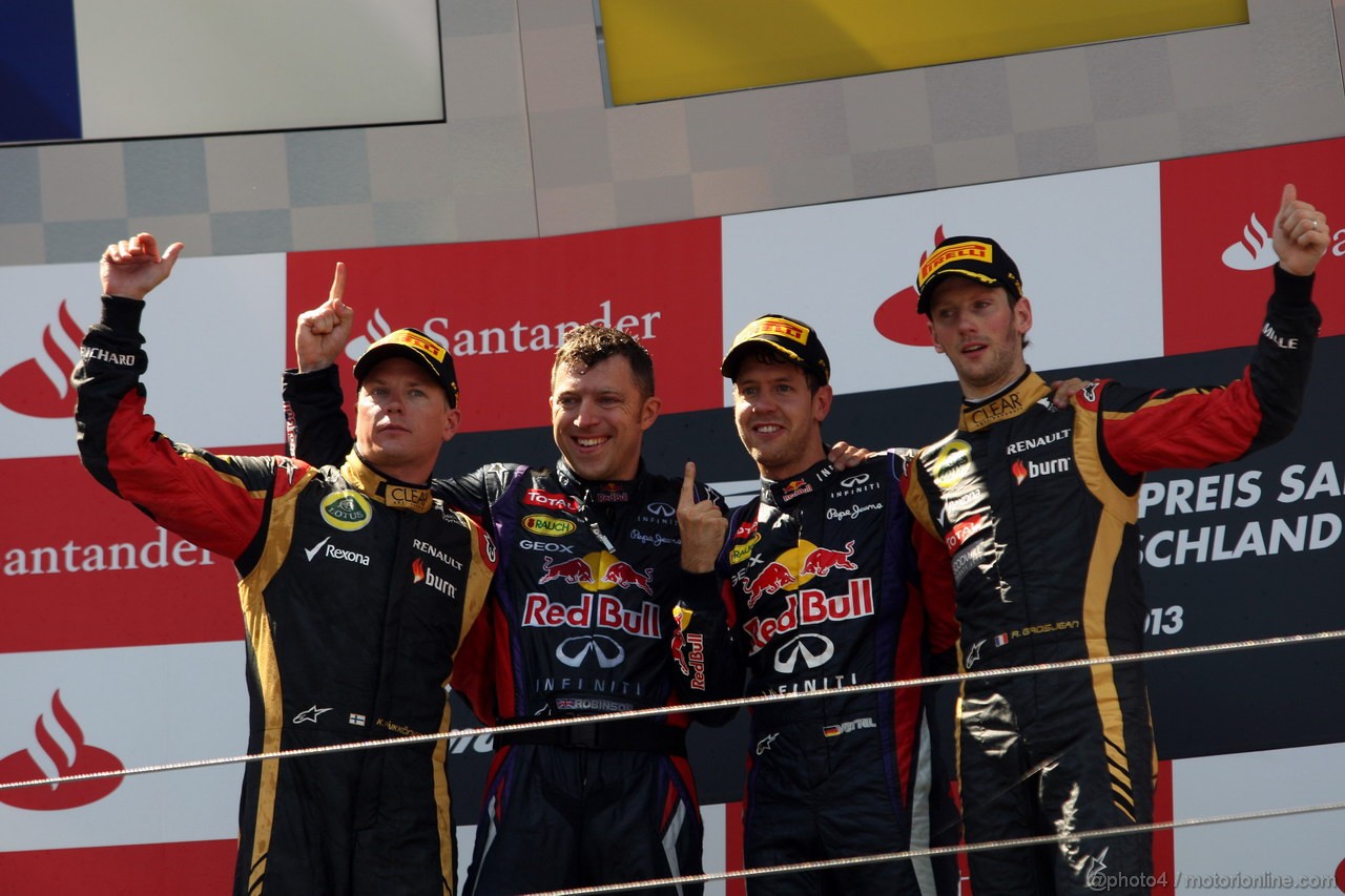 GP GERMANIA, 07.07.2013-  Gara, Sebastian Vettel (GER) Red Bull Racing RB9 vincitore, secondo Kimi Raikkonen (FIN) Lotus F1 Team E21 e terzo Romain Grosjean (FRA) Lotus F1 Team E21