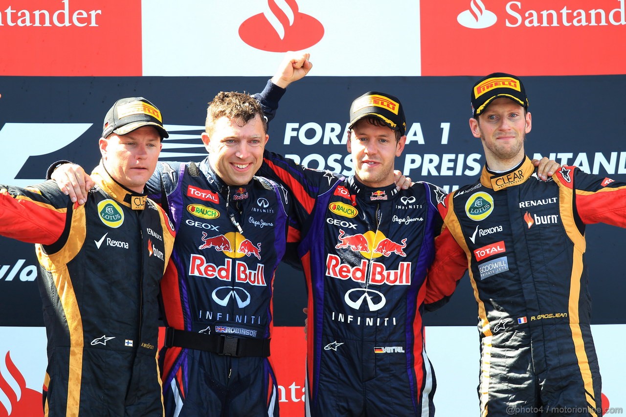 GP GERMANIA, 07.07.2013-  Gara, 1st position Sebastian Vettel (GER) Red Bull Racing RB9, secondo Kimi Raikkonen (FIN) Lotus F1 Team E21 e terzo Romain Grosjean (FRA) Lotus F1 Team E21