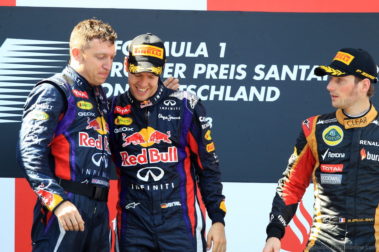 GP GERMANIA, 07.07.2013-  Gara, 1st position Sebastian Vettel (GER) Red Bull Racing RB9, secondo Kimi Raikkonen (FIN) Lotus F1 Team E21 e terzo Romain Grosjean (FRA) Lotus F1 Team E21 