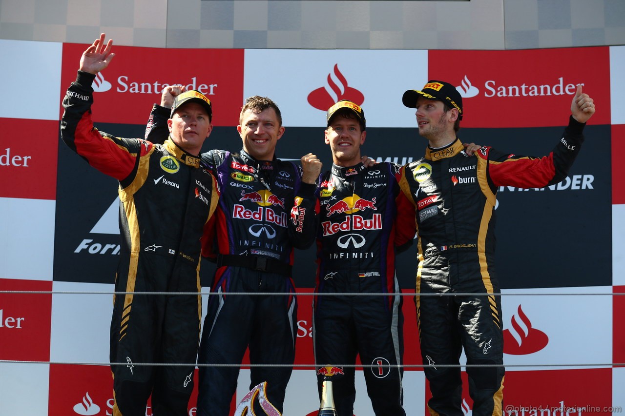 GP GERMANIA, 07.07.2013-  Gara, Sebastian Vettel (GER) Red Bull Racing RB9 vincitore, secondo Kimi Raikkonen (FIN) Lotus F1 Team E21 e terzo Romain Grosjean (FRA) Lotus F1 Team E21 