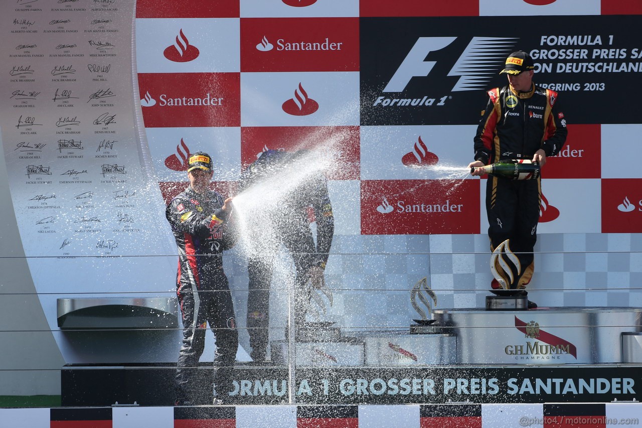 GP GERMANIA, 07.07.2013-  Gara, Sebastian Vettel (GER) Red Bull Racing RB9 vincitore, secondo Kimi Raikkonen (FIN) Lotus F1 Team E21 e terzo Romain Grosjean (FRA) Lotus F1 Team E21