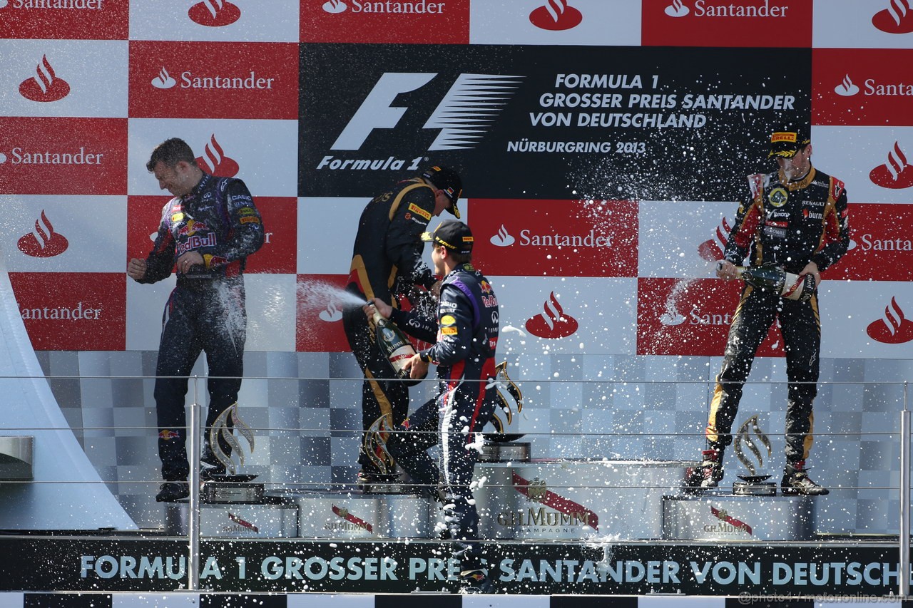 GP GERMANIA, 07.07.2013-  Gara, Sebastian Vettel (GER) Red Bull Racing RB9 vincitore, secondo Kimi Raikkonen (FIN) Lotus F1 Team E21 e terzo Romain Grosjean (FRA) Lotus F1 Team E21