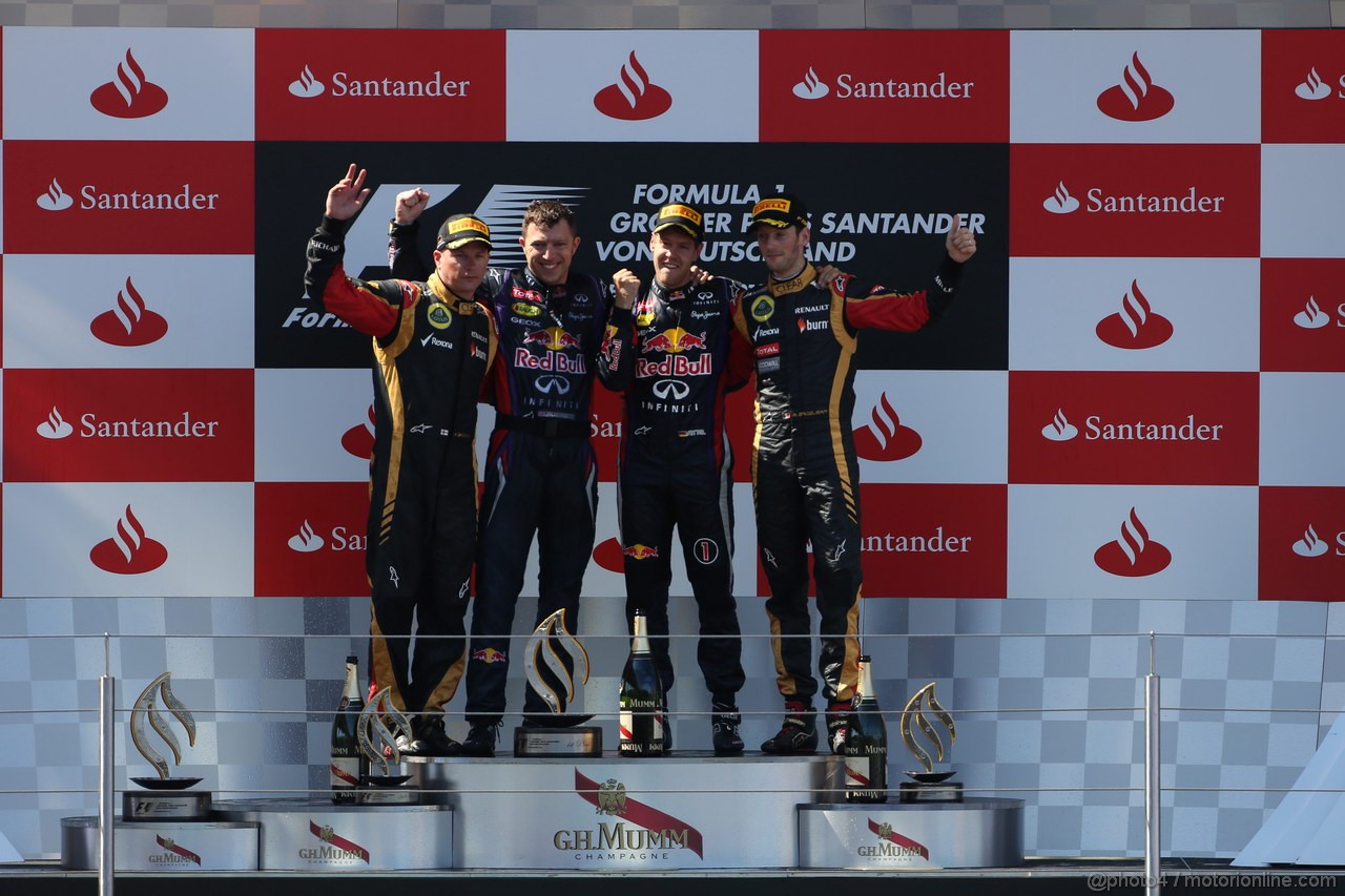 GP GERMANIA, 07.07.2013-  Gara, Sebastian Vettel (GER) Red Bull Racing RB9 vincitore, secondo Kimi Raikkonen (FIN) Lotus F1 Team E21 e terzo Romain Grosjean (FRA) Lotus F1 Team E21