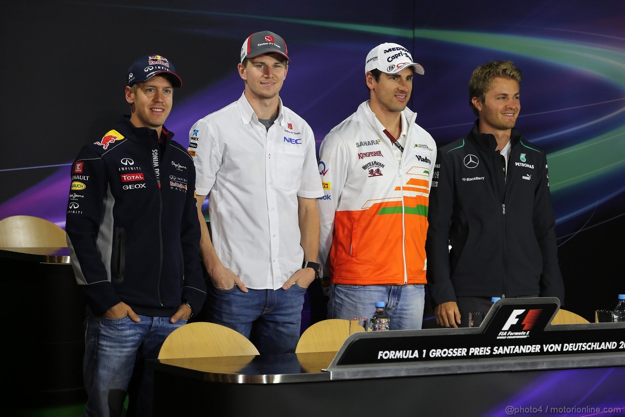 GP GERMANIA, 04.07.2013- Conferenza Stampa, German drivers, (L-D) Sebastian Vettel (GER) Red Bull Racing RB9, Nico Hulkenberg (GER) Sauber F1 Team C32, Adrian Sutil (GER), Sahara Force India F1 Team VJM06 e Nico Rosberg (GER) Mercedes AMG F1 W04 