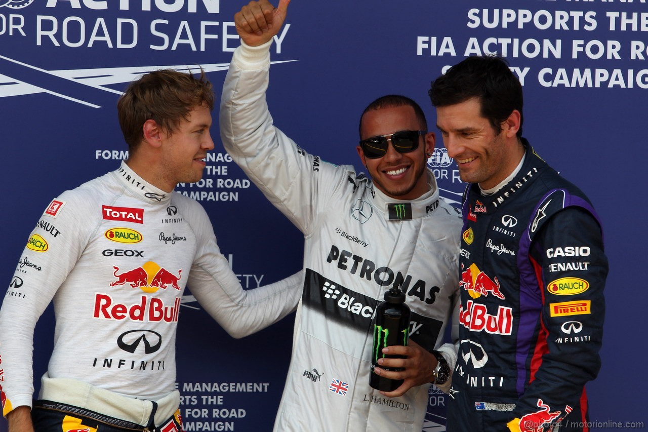GP GERMANIA, 06.07.2013- Qualifiche, Lewis Hamilton (GBR) Mercedes AMG F1 W04 pole position, secondo Sebastian Vettel (GER) Red Bull Racing RB9 e Mark Webber (AUS) Red Bull Racing RB9 