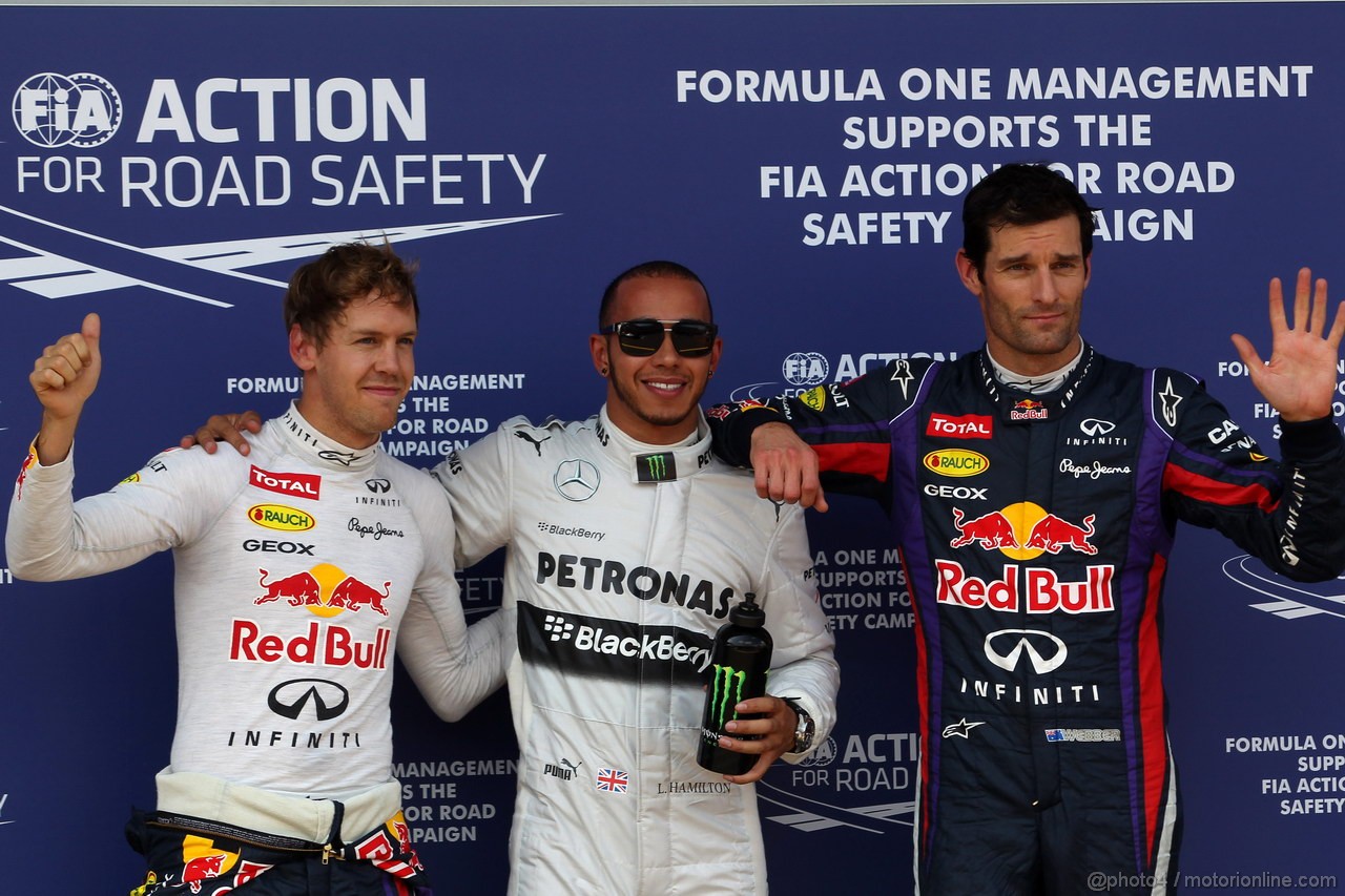 GP GERMANIA, 06.07.2013- Qualifiche, Lewis Hamilton (GBR) Mercedes AMG F1 W04 pole position, secondo Sebastian Vettel (GER) Red Bull Racing RB9 e Mark Webber (AUS) Red Bull Racing RB9