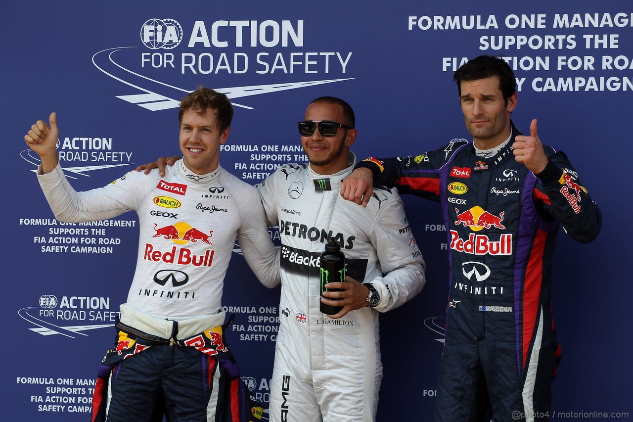 GP GERMANIA, 06.07.2013- Qualifiche, Lewis Hamilton (GBR) Mercedes AMG F1 W04 pole position, secondo Sebastian Vettel (GER) Red Bull Racing RB9 e terzo Mark Webber (AUS) Red Bull Racing RB9 
