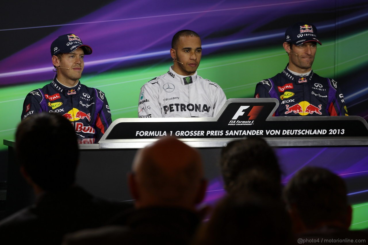 GP GERMANIA, 06.07.2013- Qualifiche, Conferenza Stampa, Sebastian Vettel (GER) Red Bull Racing RB9, Lewis Hamilton (GBR) Mercedes AMG F1 W04 e Mark Webber (AUS) Red Bull Racing RB9 