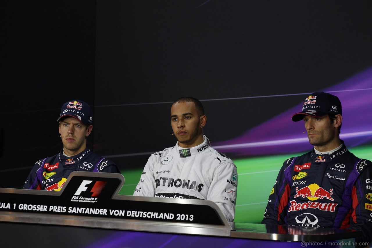GP GERMANIA, 06.07.2013- Qualifiche, Conferenza Stampa, Sebastian Vettel (GER) Red Bull Racing RB9, Lewis Hamilton (GBR) Mercedes AMG F1 W04 e Mark Webber (AUS) Red Bull Racing RB9 