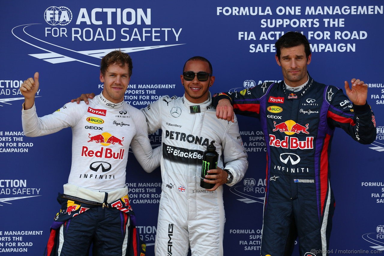 GP GERMANIA, 06.07.2013- Qualifiche, Lewis Hamilton (GBR) Mercedes AMG F1 W04 pole position, secondo Sebastian Vettel (GER) Red Bull Racing RB9 e terzo Mark Webber (AUS) Red Bull Racing RB9 