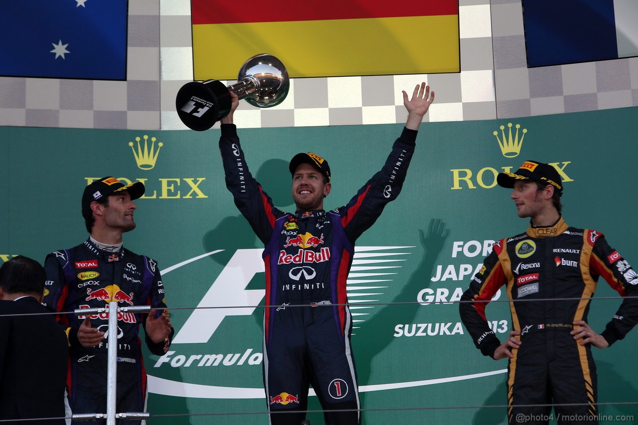 GP GIAPPONE, 13.10.2013- Gara, 1st position Sebastian Vettel (GER) Red Bull Racing RB9, secondo Mark Webber (AUS) Red Bull Racing RB9 e terzo Romain Grosjean (FRA) Lotus F1 Team E21