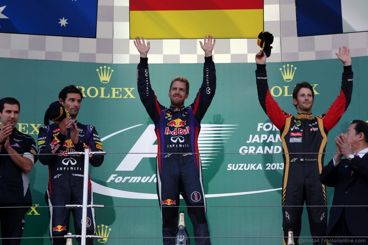 GP GIAPPONE, 13.10.2013- Gara, 1st position Sebastian Vettel (GER) Red Bull Racing RB9, secondo Mark Webber (AUS) Red Bull Racing RB9 e terzo Romain Grosjean (FRA) Lotus F1 Team E21