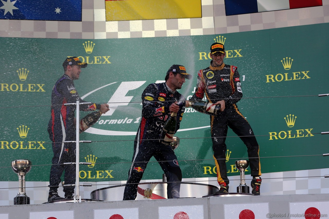 GP GIAPPONE, 13.10.2013- Gara, 1st position Sebastian Vettel (GER) Red Bull Racing RB9, secondo Mark Webber (AUS) Red Bull Racing RB9 e terzo Romain Grosjean (FRA) Lotus F1 Team E21