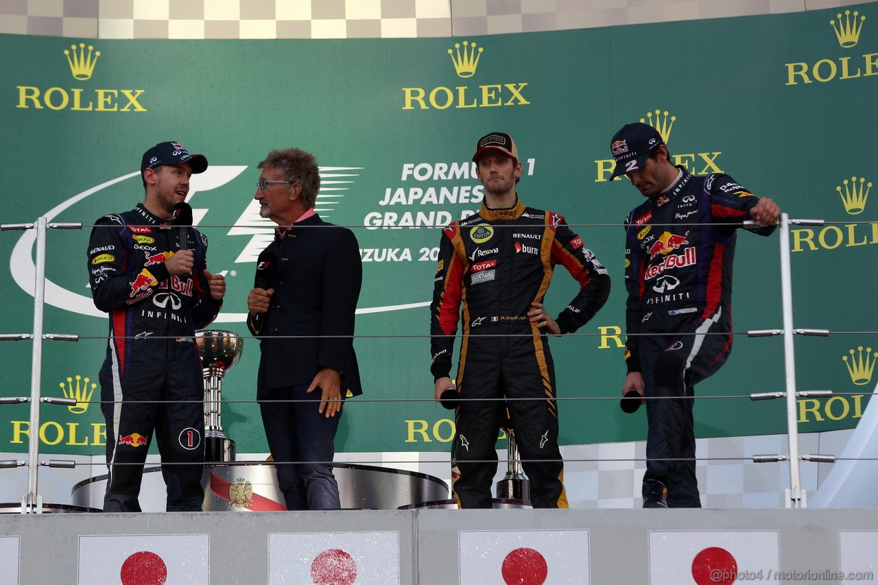 GP GIAPPONE, 13.10.2013- Gara, 1st position Sebastian Vettel (GER) Red Bull Racing RB9, secondo Mark Webber (AUS) Red Bull Racing RB9 e terzo Romain Grosjean (FRA) Lotus F1 Team E21 with Eddie Jordan