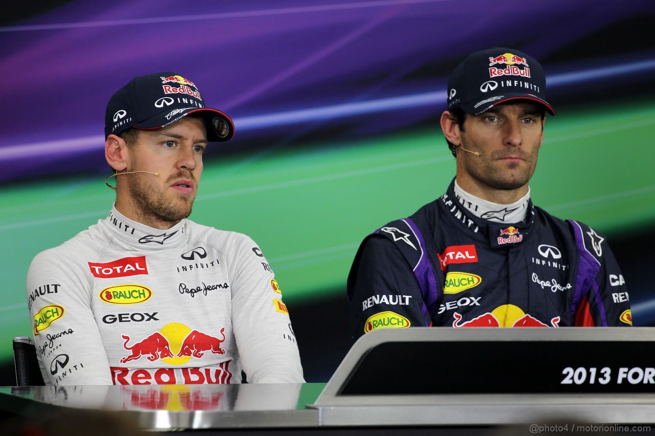 GP GIAPPONE, 12.10.2013- Qualifiche, Conferenza Stampa, (L-D) Sebastian Vettel (GER) Red Bull Racing RB9 e Mark Webber (AUS) Red Bull Racing RB9 