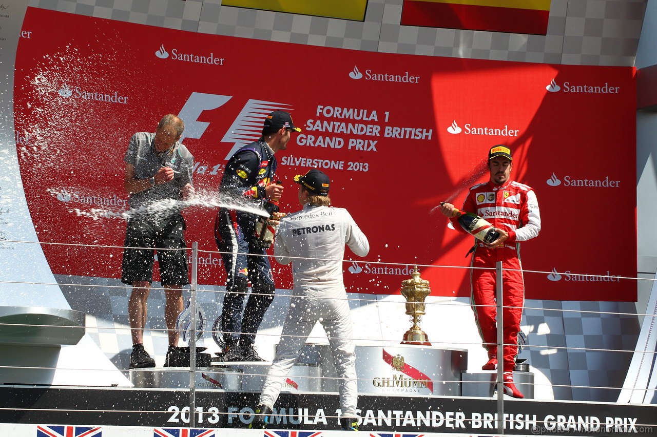 GP GRAN BRETAGNA, 30.06.2013- Podium: winner Nico Rosberg (GER) Mercedes AMG F1 W04, 2nd Mark Webber (AUS) Red Bull Racing RB9, 3rd Fernando Alonso (ESP) Ferrari F138