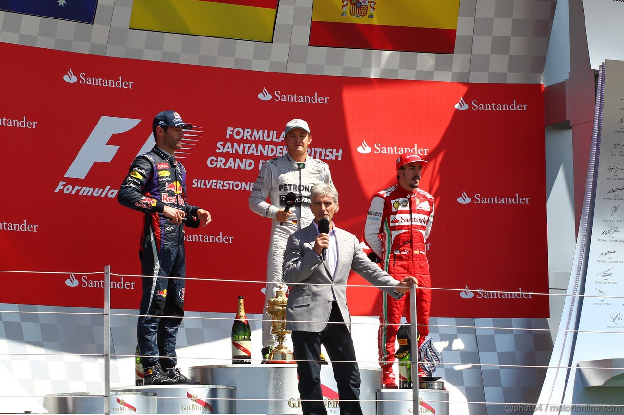 GP GRAN BRETAGNA, 30.06.2013- Podium: winner Nico Rosberg (GER) Mercedes AMG F1 W04, 2nd Mark Webber (AUS) Red Bull Racing RB9, 3rd Fernando Alonso (ESP) Ferrari F138 e Damon Hill (GBR)