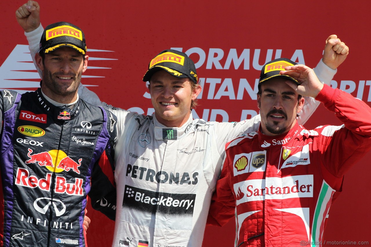 GP GRAN BRETAGNA, 30.06.2013- Podium: winner Nico Rosberg (GER) Mercedes AMG F1 W04, 2nd Mark Webber (AUS) Red Bull Racing RB9, 3rd Fernando Alonso (ESP) Ferrari F138