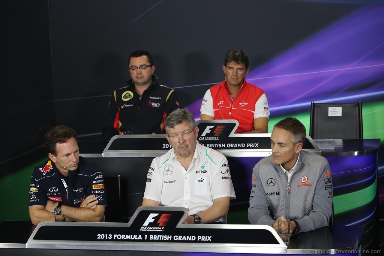 GP GRAN BRETAGNA, 28.06.2013- Press Conference, Christian Horner (GBR), Red Bull Racing, Sporting Director, Ross Brawn (GBR), Team Principal, Mercedes GP, Martin Whitmarsh (GBR), Chief Executive Officer Mclaren, Eric Boullier (FRA), Team Manager, Renault F1 Team e Graeme Lowdon (GBR), Marussia F1 Team Chief Executive Officer