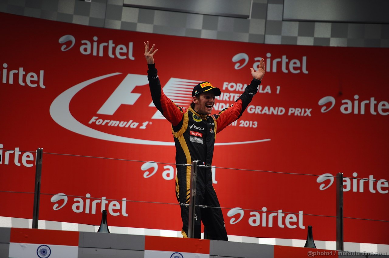 GP INDIA, 27.10.2013- Podium: Romain Grosjean (FRA) Lotus F1 Team E21 (terzo)
