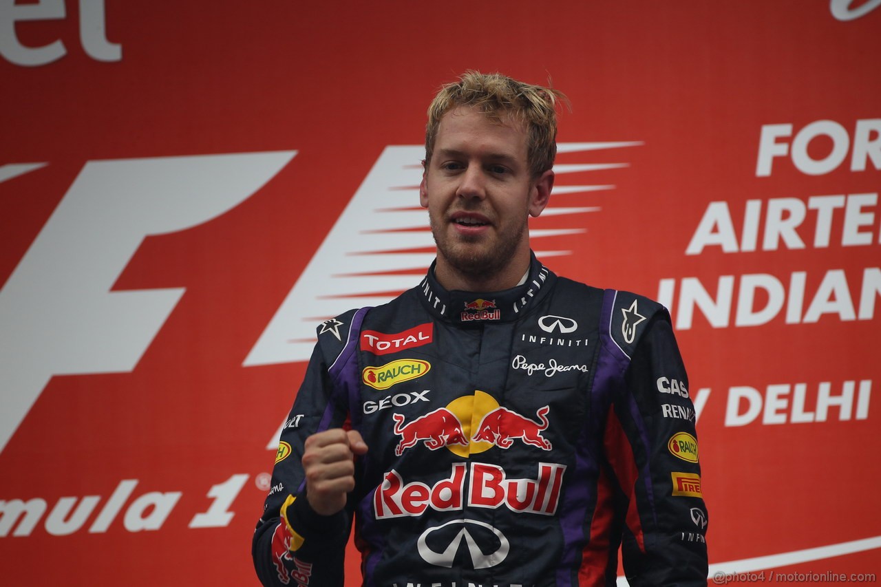 GP INDIA, 27.10.2013- Podium: Sebastian Vettel (GER) Red Bull Racing RB9 (vincitore)