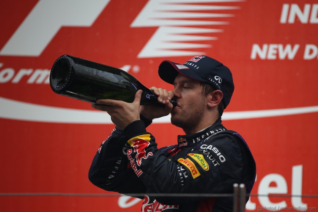 GP INDIA, 27.10.2013- Podium: Sebastian Vettel (GER) Red Bull Racing RB9 (vincitore)