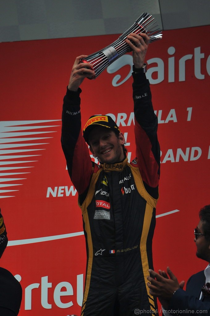 GP INDIA, 27.10.2013- Podium: Romain Grosjean (FRA) Lotus F1 Team E21 (terzo)