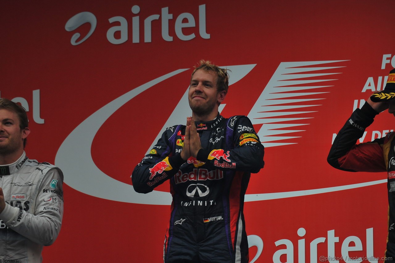 GP INDIA, 27.10.2013- Podium: Sebastian Vettel (GER) Red Bull Racing RB9 (vincitore)