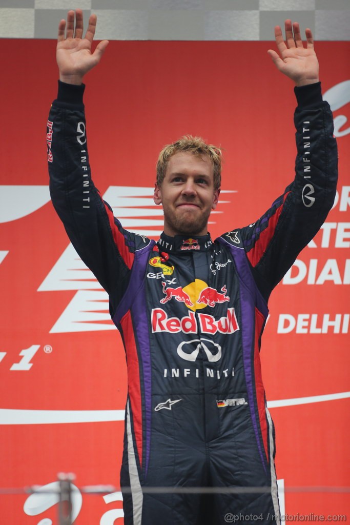 GP INDIA, 27.10.2013- Podium: Sebastian Vettel (GER) Red Bull Racing RB9 (vincitore)