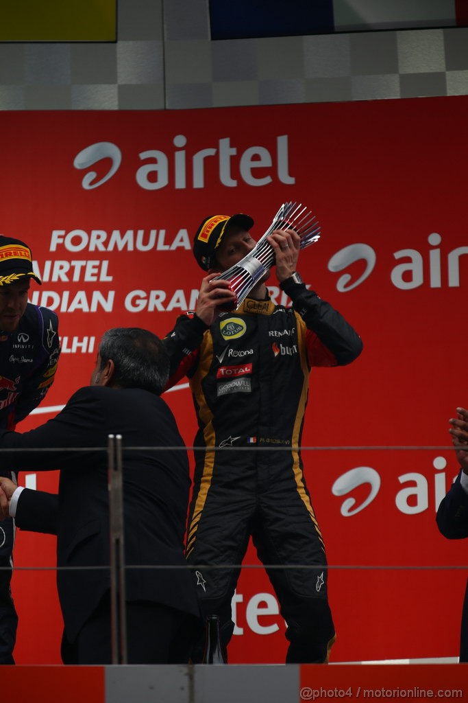 GP INDIA, 27.10.2013- Podium: Romain Grosjean (FRA) Lotus F1 Team E21 (terzo)