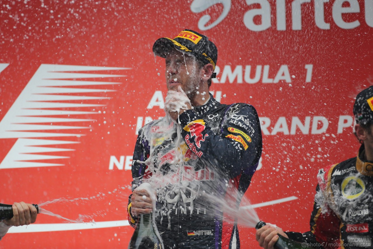 GP INDIA, 27.10.2013- Podium: Sebastian Vettel (GER) Red Bull Racing RB9 (vincitore)
