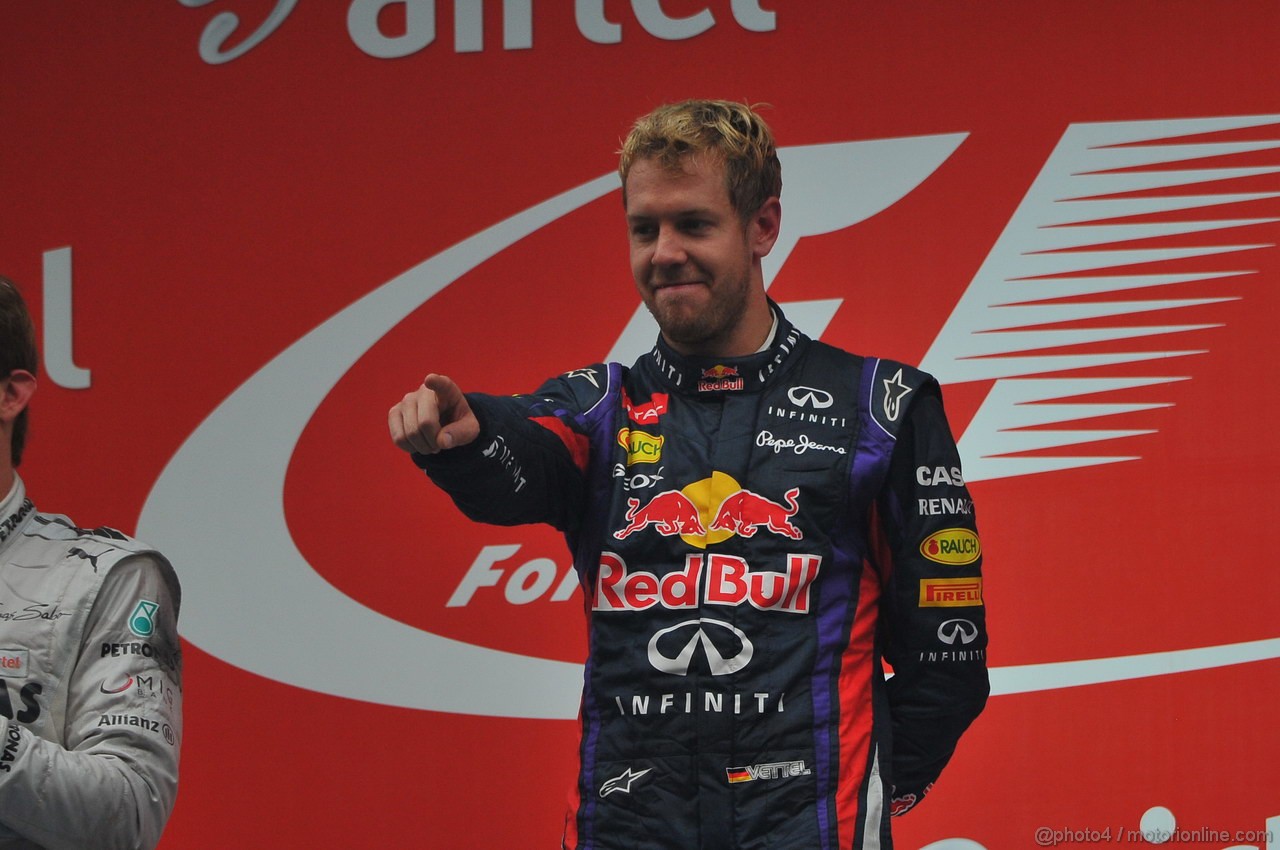 GP INDIA, 27.10.2013- Podium: Sebastian Vettel (GER) Red Bull Racing RB9 (vincitore)