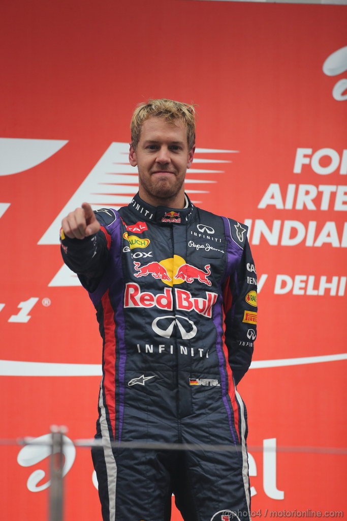 GP INDIA, 27.10.2013- Podium: Sebastian Vettel (GER) Red Bull Racing RB9 (vincitore)